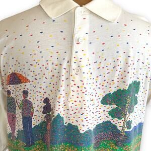Vintage Ellesse Golf Polo Scenic Print White Mercerized Cotton Shirt Abstract